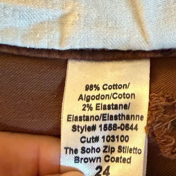 Current/Elliot SoHo Zip Stiletto Brown Waxed Coated Woman’s Jeans. Size 24. - Picture 7 of 8